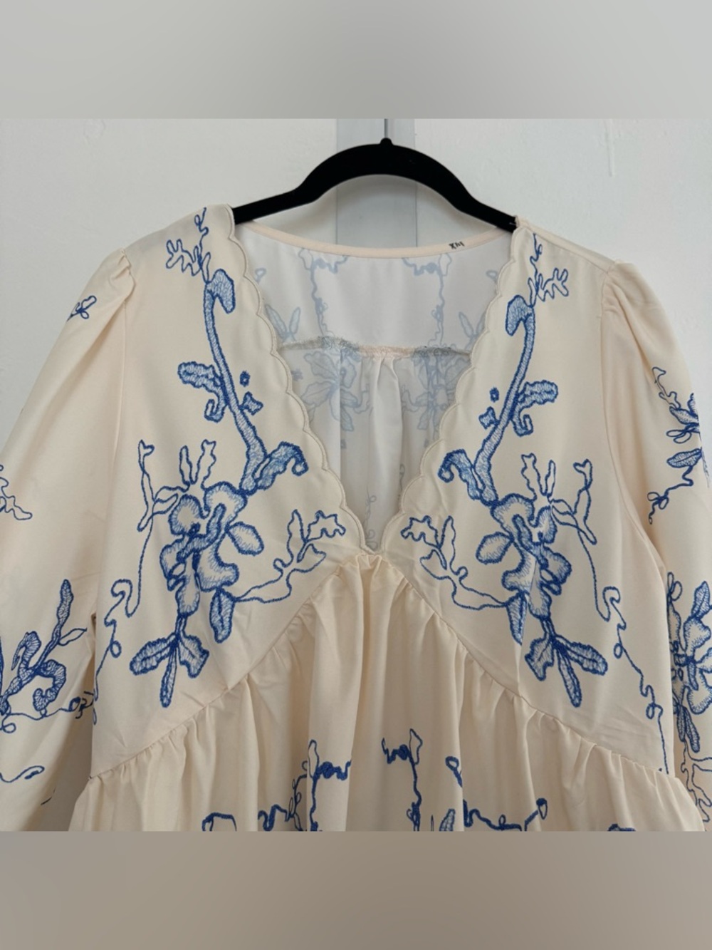 NWT Cupshe Boho Orchids Ruffled Mini Dress Long Sleeve Floral Cream Blue - Picture 6 of 14